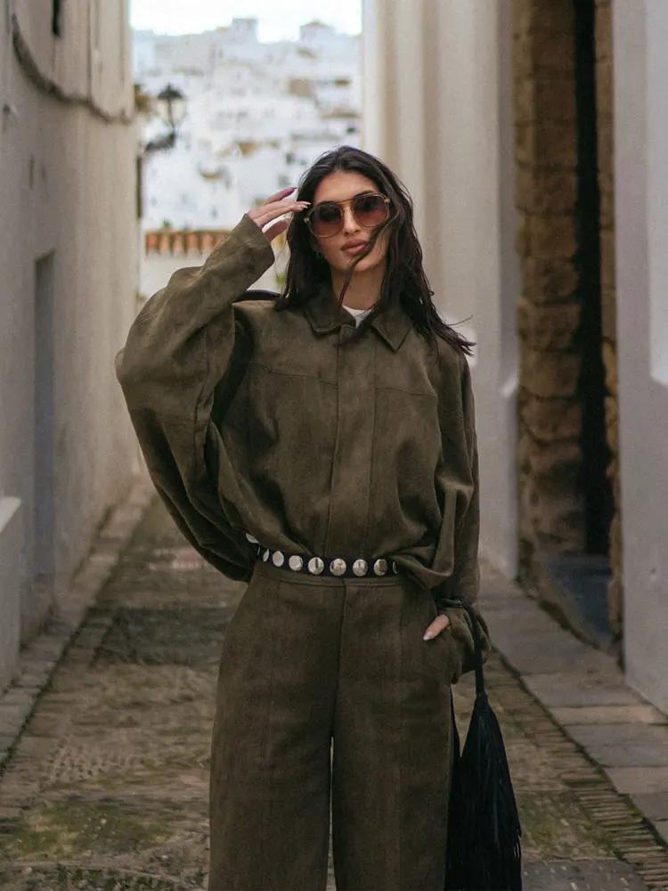 HH printemps femmes daim manteau pantalon ensembles revers fermeture éclair manches longues vestes S