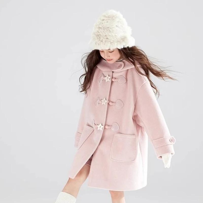 2025 nouveau manteau d'hiver manteau à capuche en laine rose pêche avec boutons en corne de chèvre é