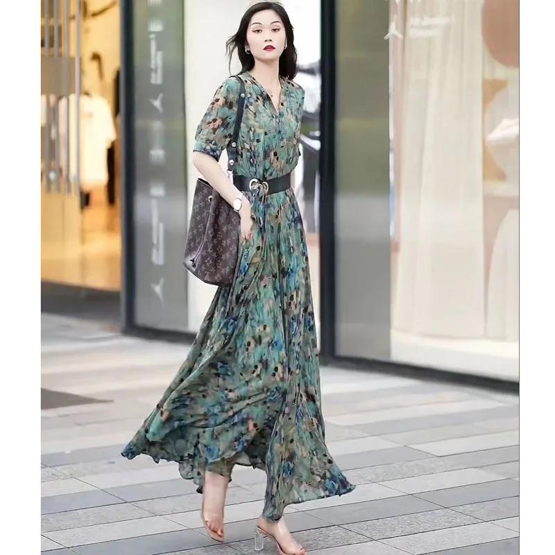 Robe longue imprimée à manches mi-longues pour femmes, robes à col en V, laçage taille haute, vêteme