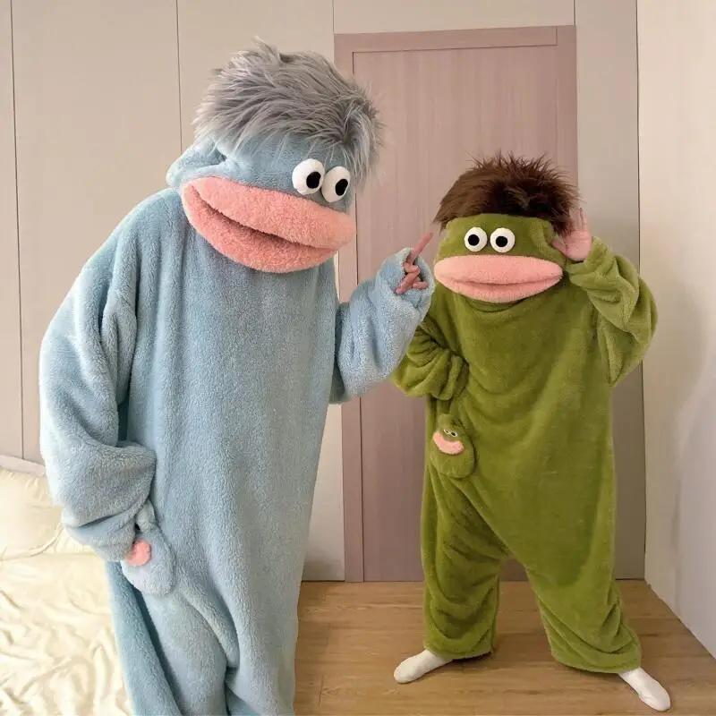 Pyjama de dessin animé automne-hiver pour couple, combinaison fantaisie à capuche monstre à bouche é