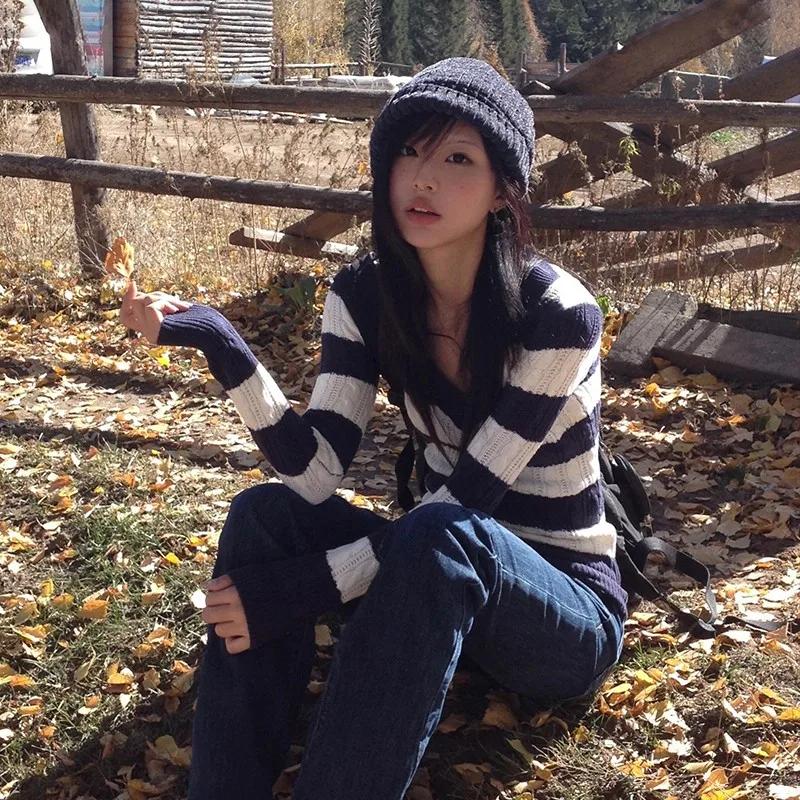 Karrram japonais Y2k col en v rayé pull Vintage Harajuku tricot mince pulls Style coréen hiver trico