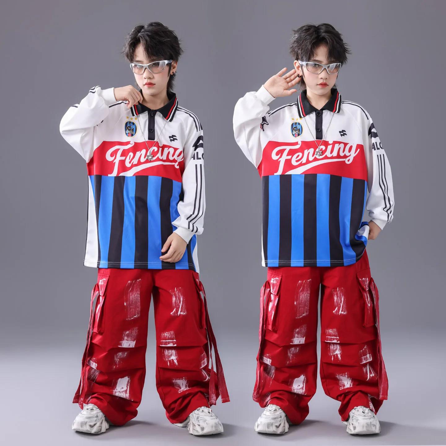 Ensemble hip-hop K-pop pour fille - T-shirt rayures patchwork et pantalon cargo danse streetwear