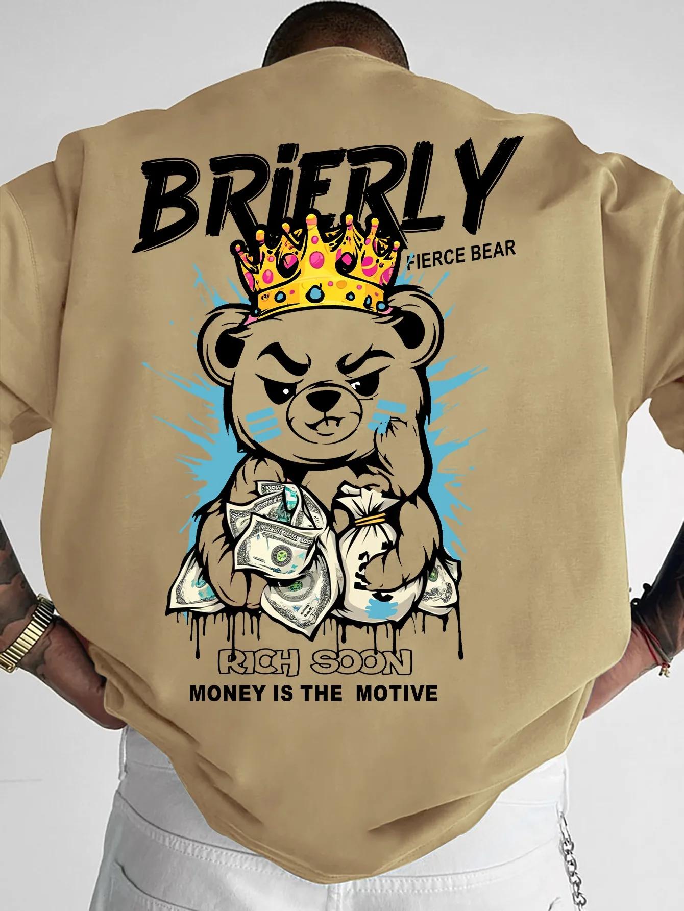 T-shirt col rond pour hommes, confortable et respirant, à la mode, ours en peluche, lettre de riches