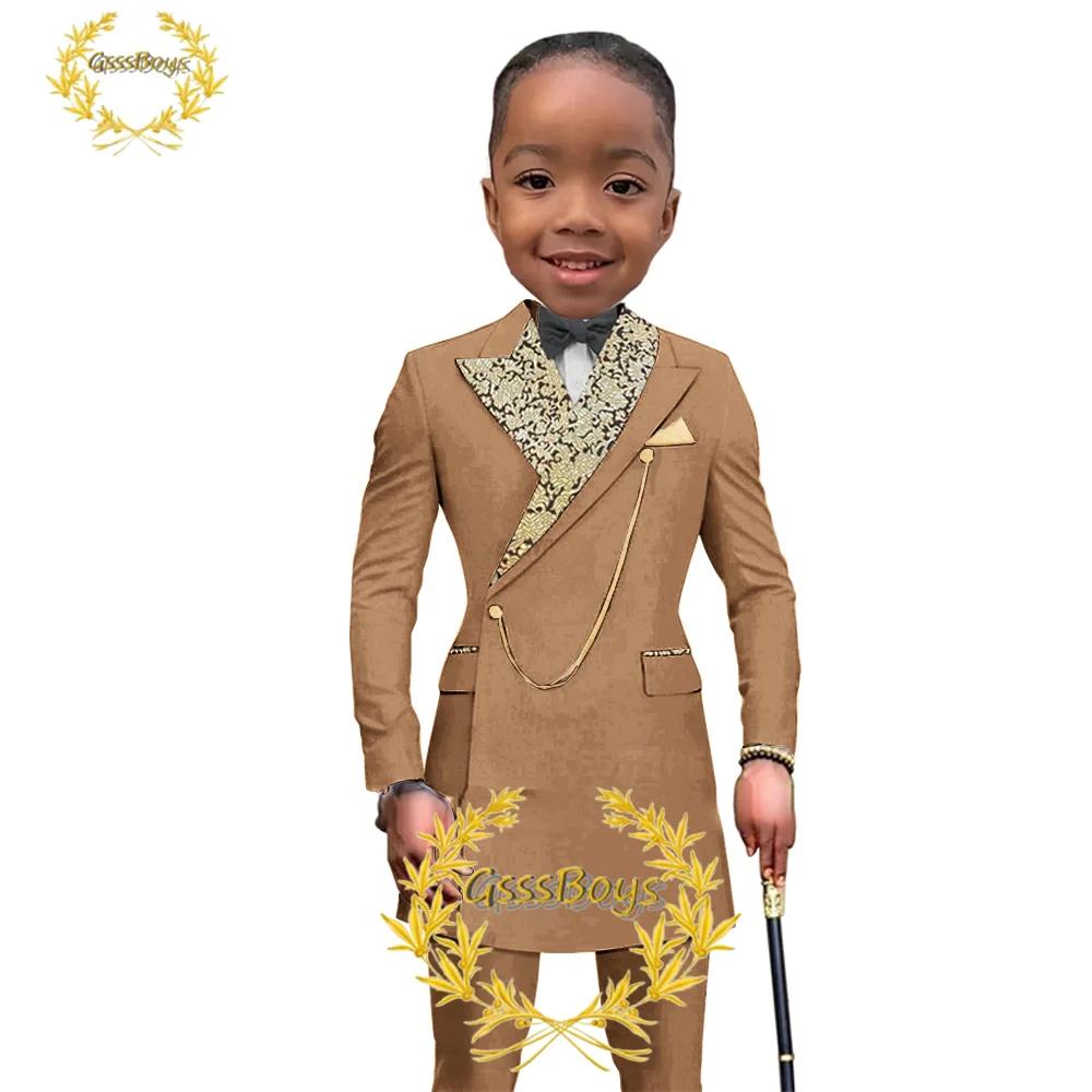 Veste et pantalon de style africain pour garçons, blazer long imbibé pour enfants, smoking de fête d