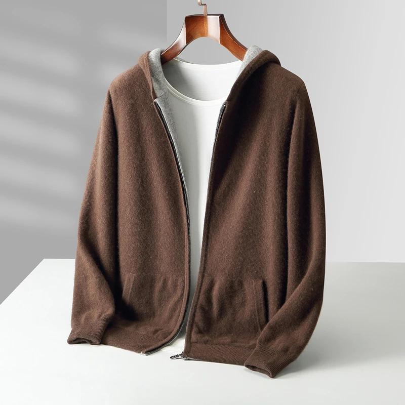 Épais à capuche hommes fermetures éclair Pure laine pull Cardigan automne hiver 100% laine tricots D