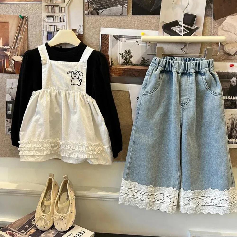 Jeans bleus été version coréenne enfants 2-7 ans - Pantalon décontracté fille dentelle nouvelle collection