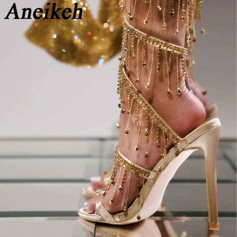 Aneikeh 2026 mode Sexy strass chaîne perle bride à la cheville talons hauts femmes été soie bout ron