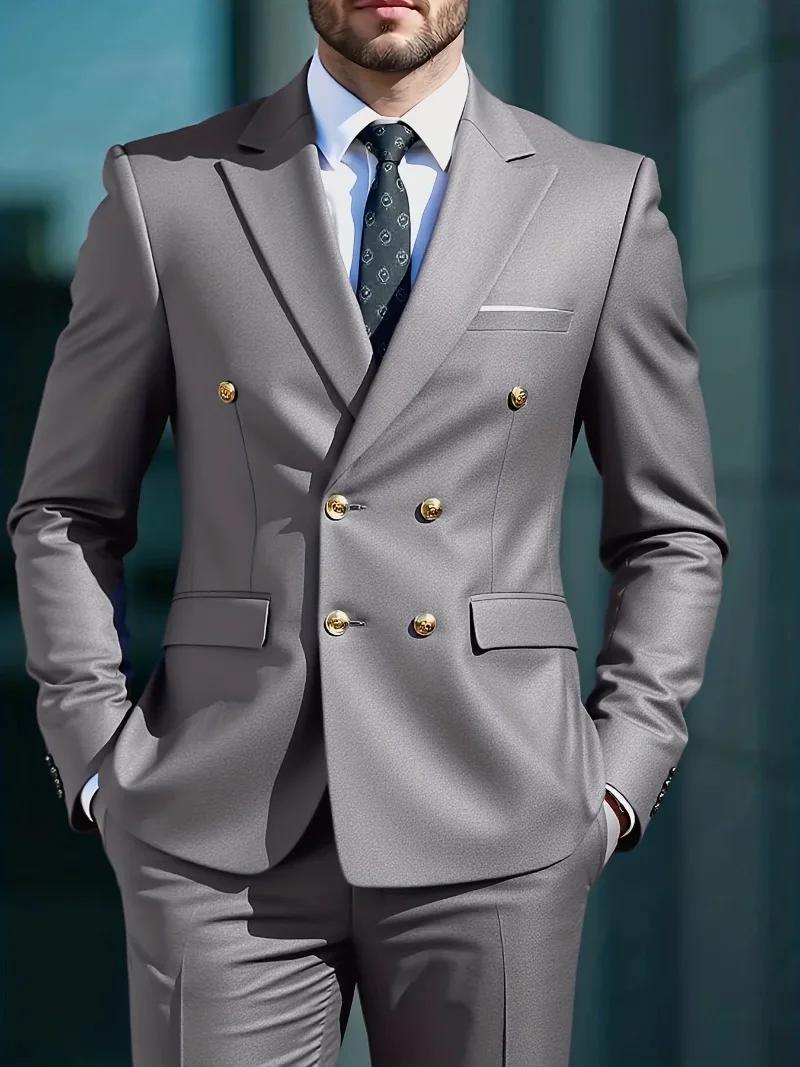 Costume Homme 2 Pièces 2026 Business Sans Repassage Double Boutonnage Boutons Dorés Tendance Rétro C