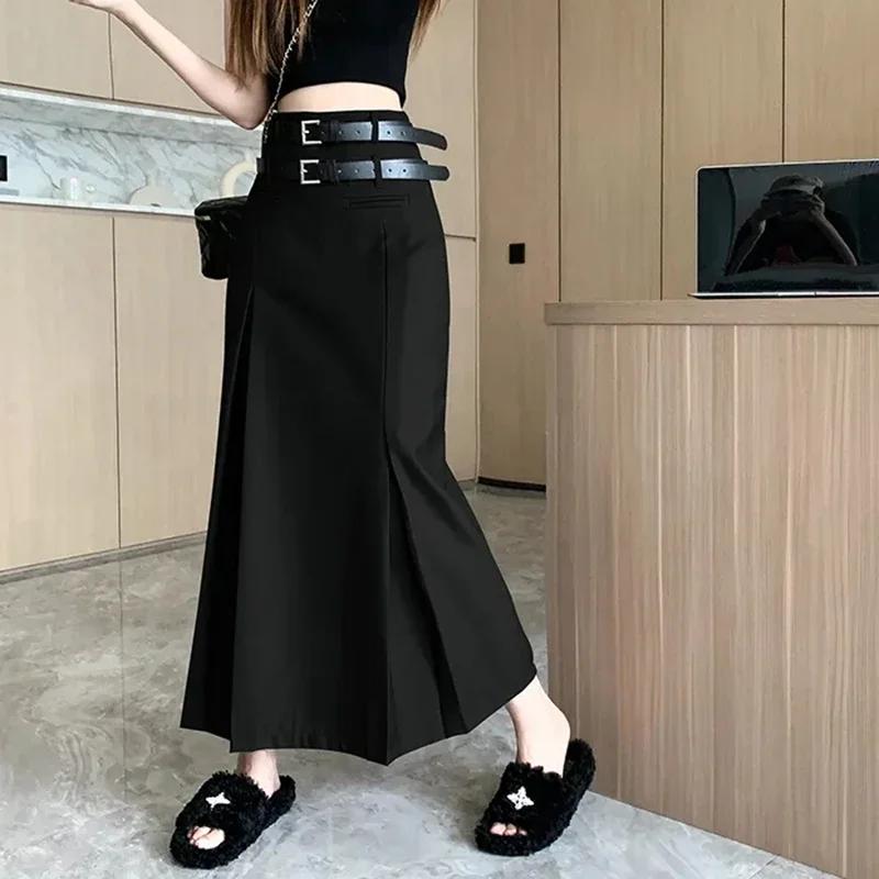 Jupe Midi à Double ceinture pour femmes, mode coréenne, taille haute, décontractée, assortie avec to