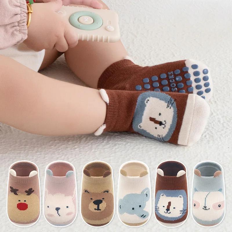 6 paires de chaussettes en coton pour enfants, antidérapantes, pour garçons et filles, mignonnes mot