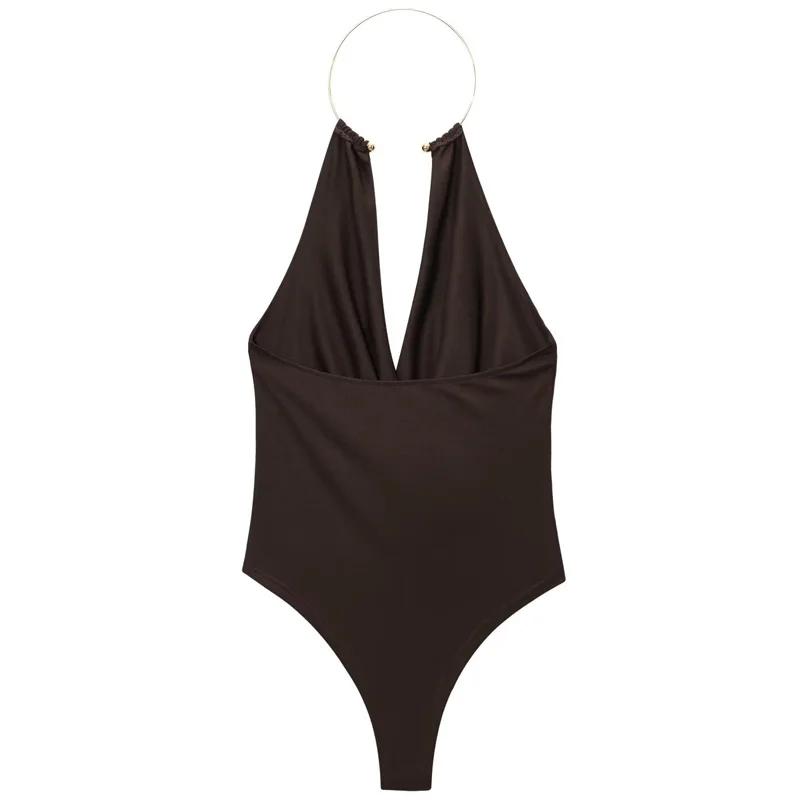 HXAO marron licou body femmes été body pour femmes Sexy épaules nues sans manches string body avec d