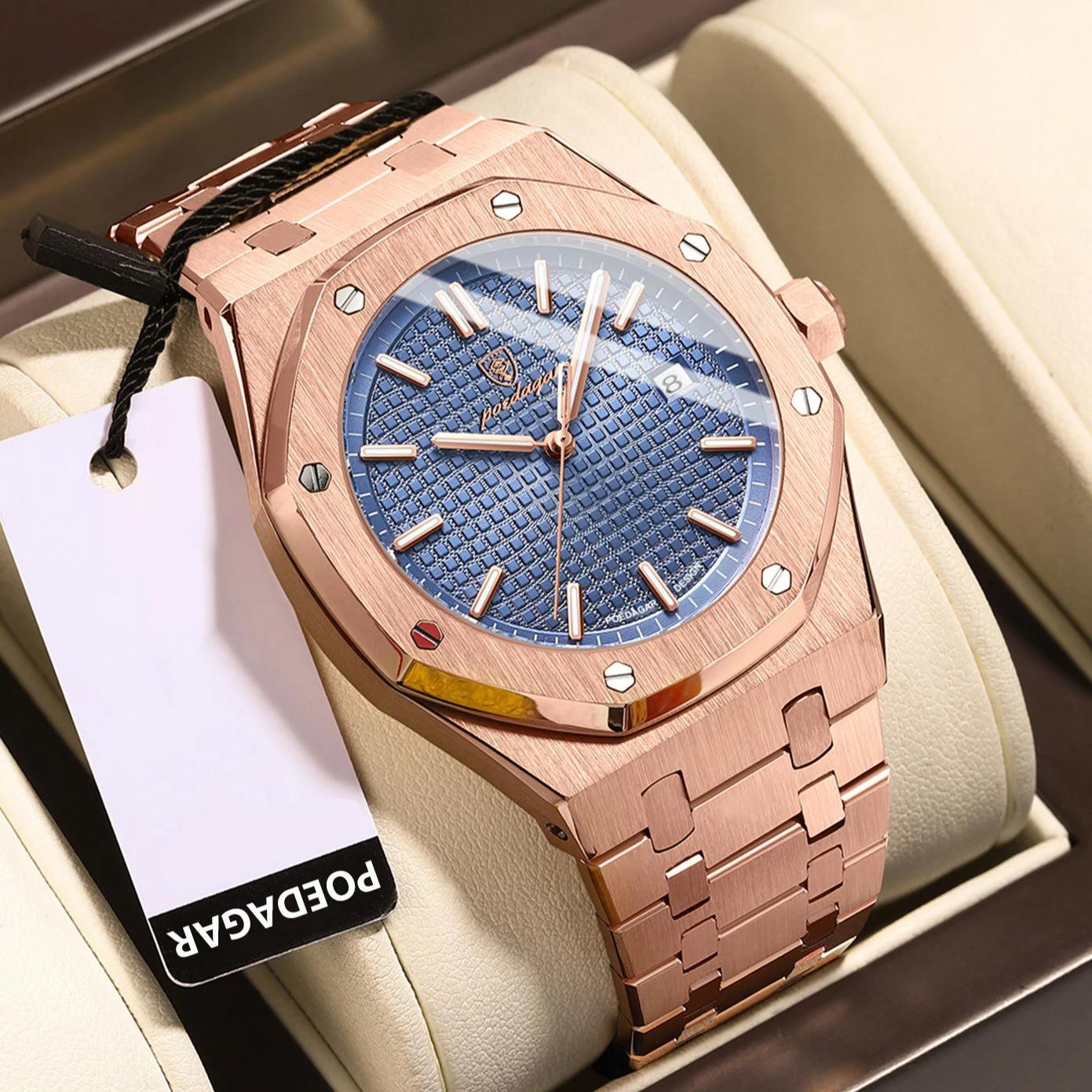 POEDAGAR vente chaude étanche calendrier lumineux en acier inoxydable montre carrée pour hommes étud