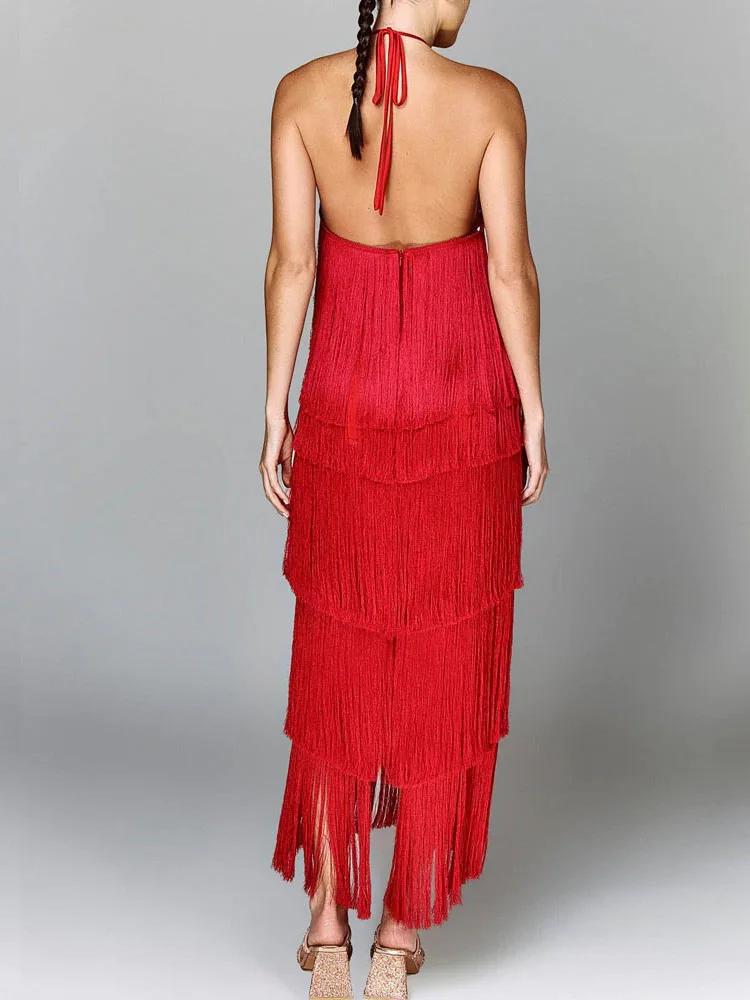 Robe maxi patchwork à pampilles pour femmes, robe de soirée à col licou en fibre, robe monochrome po