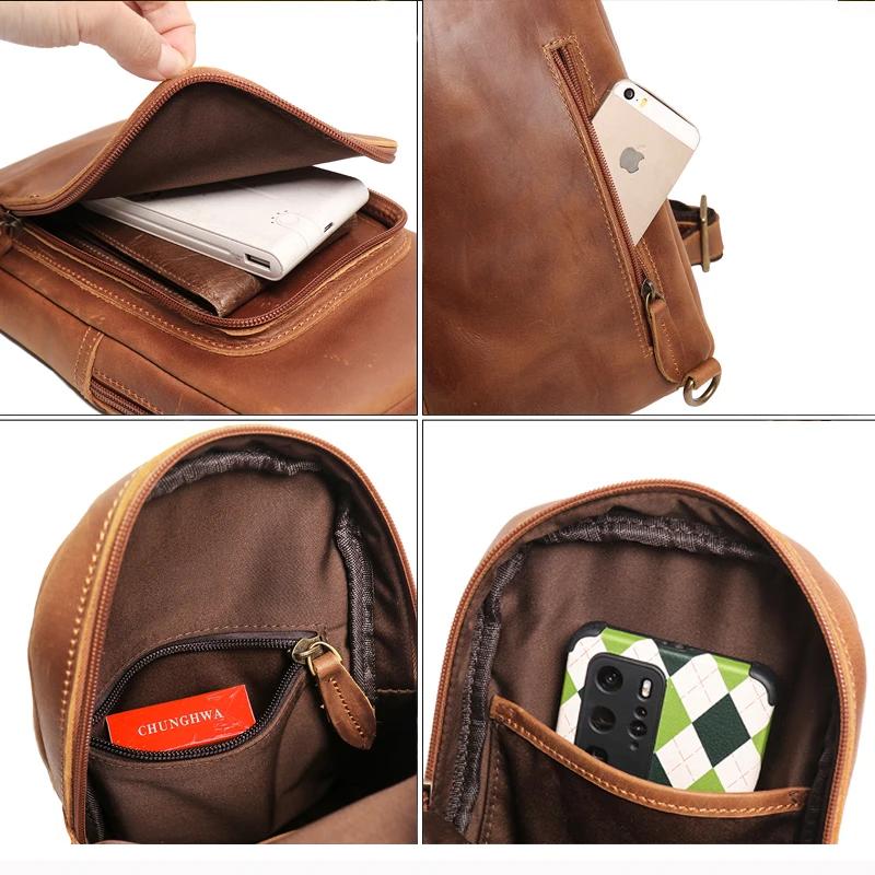 Sac à bandoulière en cuir véritable pour hommes, sac de poitrine vintage, sac de jour à bandoulière,