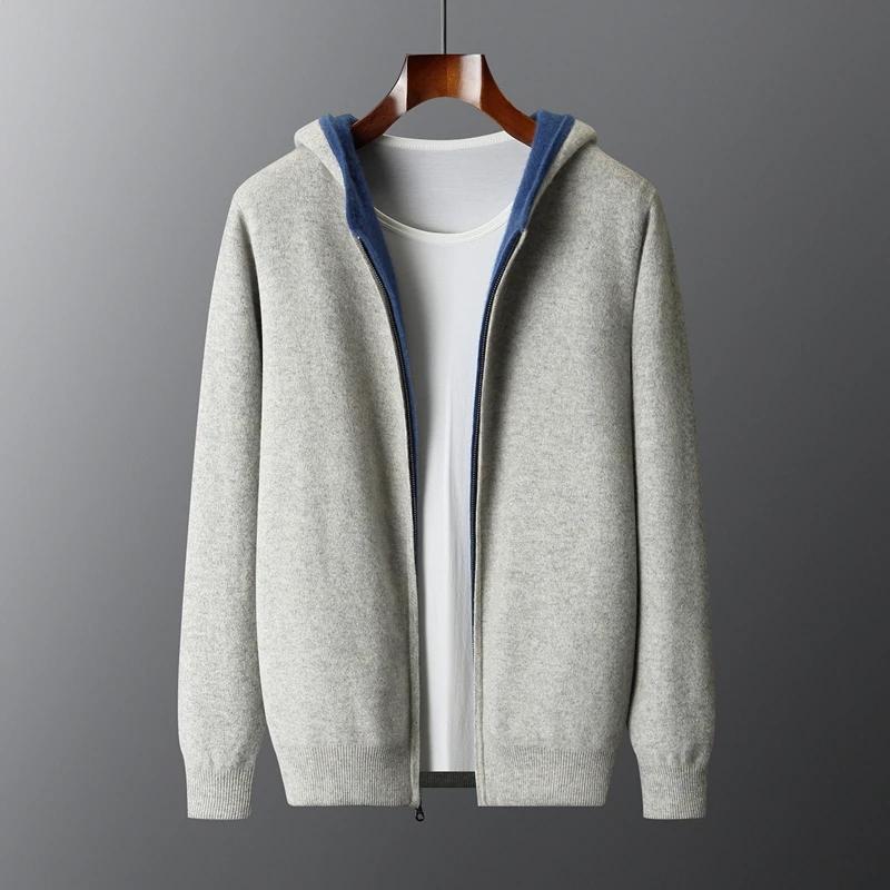 Épais à capuche hommes fermetures éclair Pure laine pull Cardigan automne hiver 100% laine tricots D