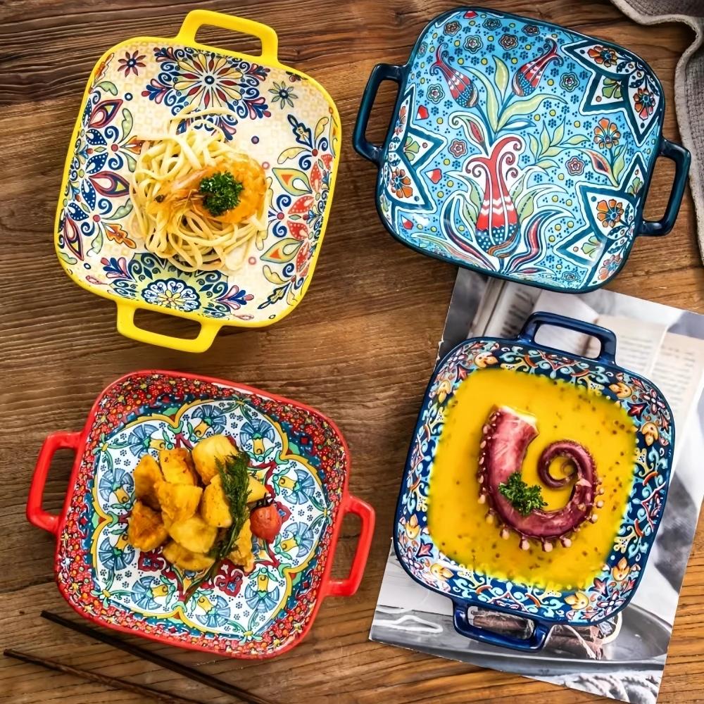 1 pièce d'assiette à salade de style bohème de 9 pouces avec plat à pâtes en céramique à double orei