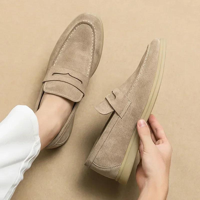 Chaussures décontractées en cuir véritable pour hommes, chaussures de conduite en daim, marque de lu