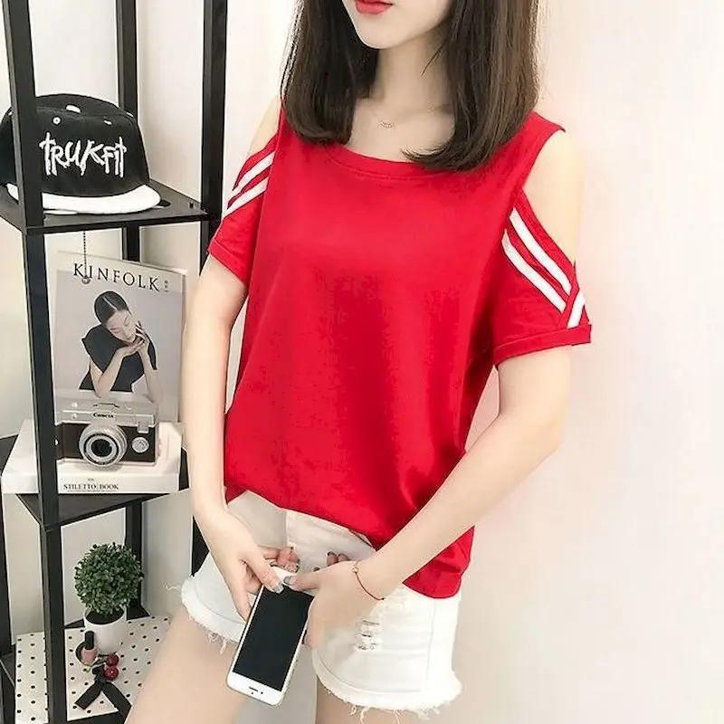 T-shirt ample à manches courtes pour femme, haut estival et fin, surdimensionné, à épaules dénudées,