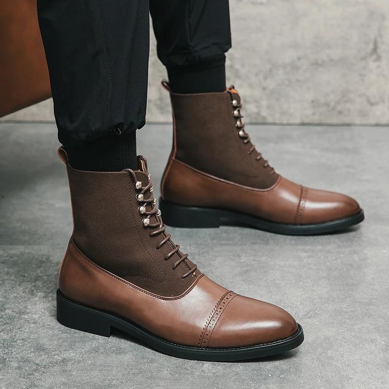 Bottes courtes en cuir de style britannique pour hommes, chaussures décontractées noires, marque, gr