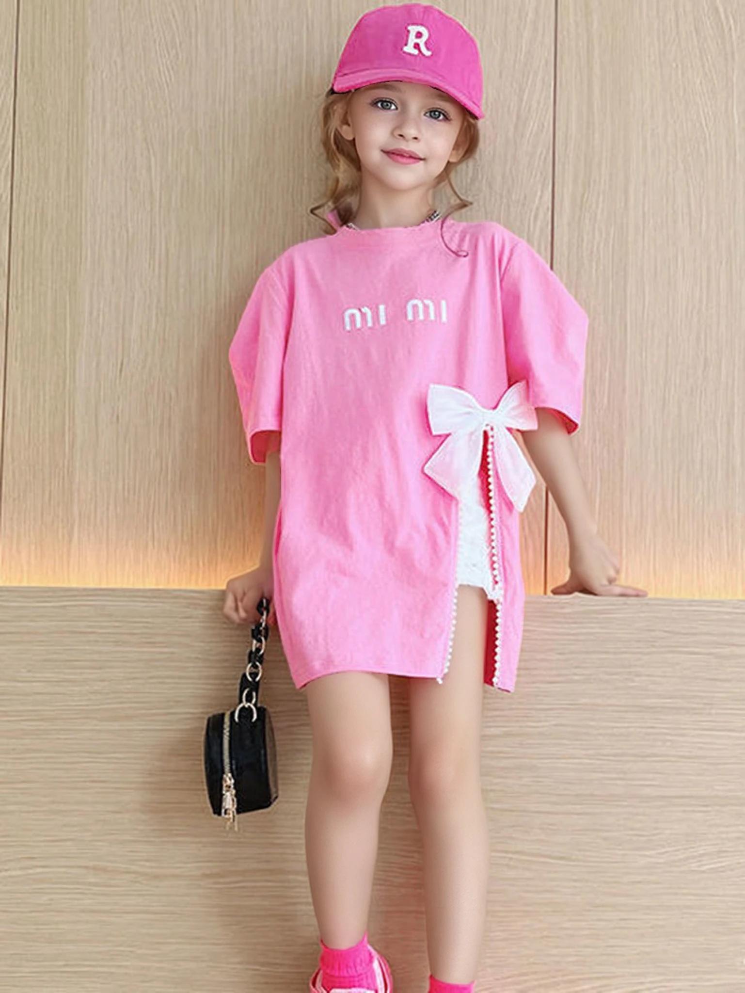 T-shirt d'été pour filles, imprimé lettres, avec nœud, coupe ample, long, pour enfants de 3 à 12 ans