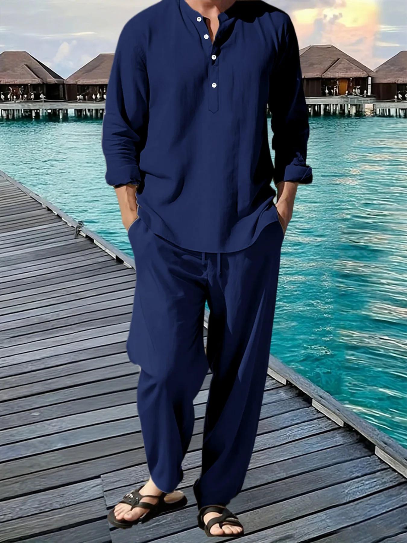 Henley – costume chemise et pantalon pour hommes, léger et respirant, Streetwear, couleur unie, bout