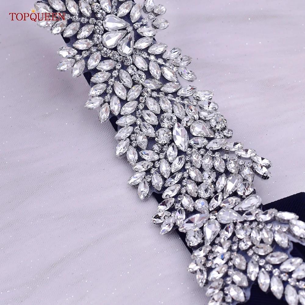 TOPQUEEN S420-B femmes noir mode élastique larges ceintures argent strass à la main perlé ceinture r