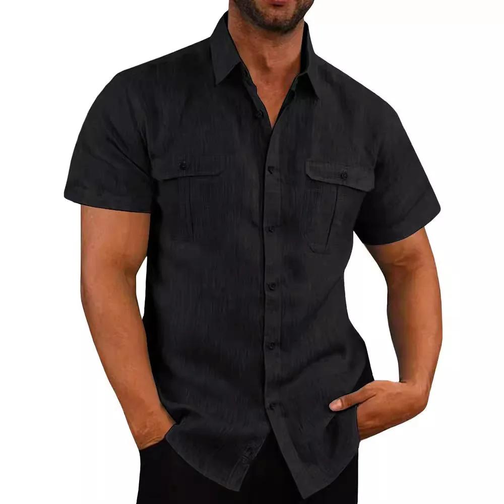 Chemise homme Double poche coton lin manches courtes chemises pour hommes décontracté vacances plage