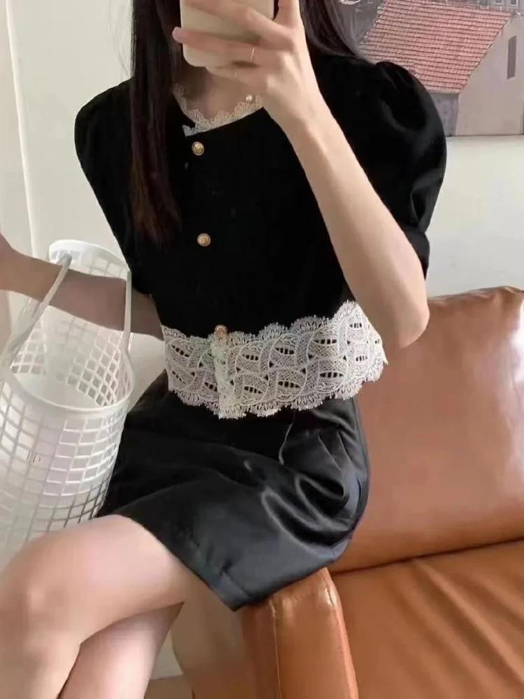 Chemises en dentelle à manches courtes pour femmes, vêtements courts esthétiques élégants, style cor