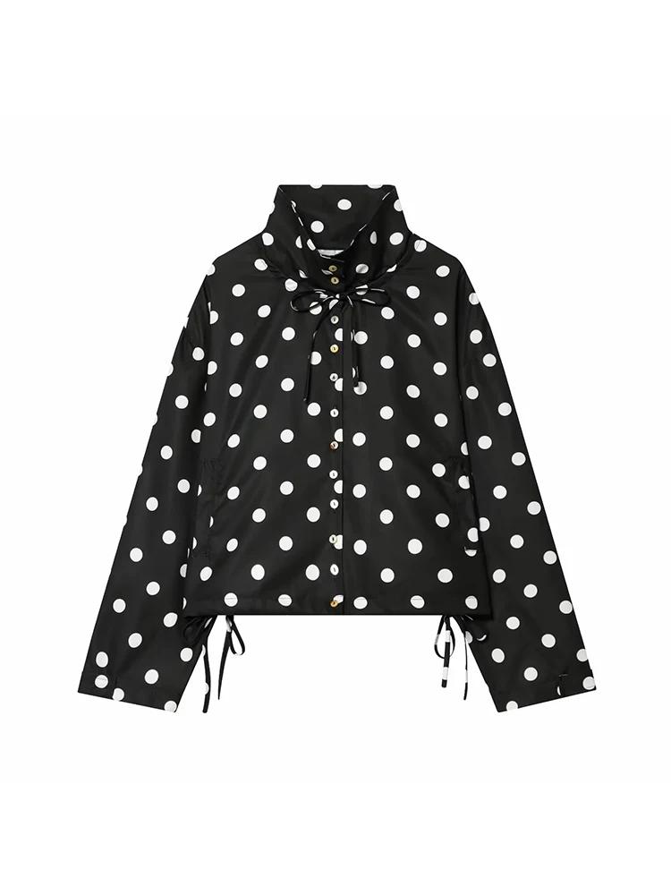 Veste rose à pois à manches longues pour femme, manteau décontracté à col montant et simple boutonna