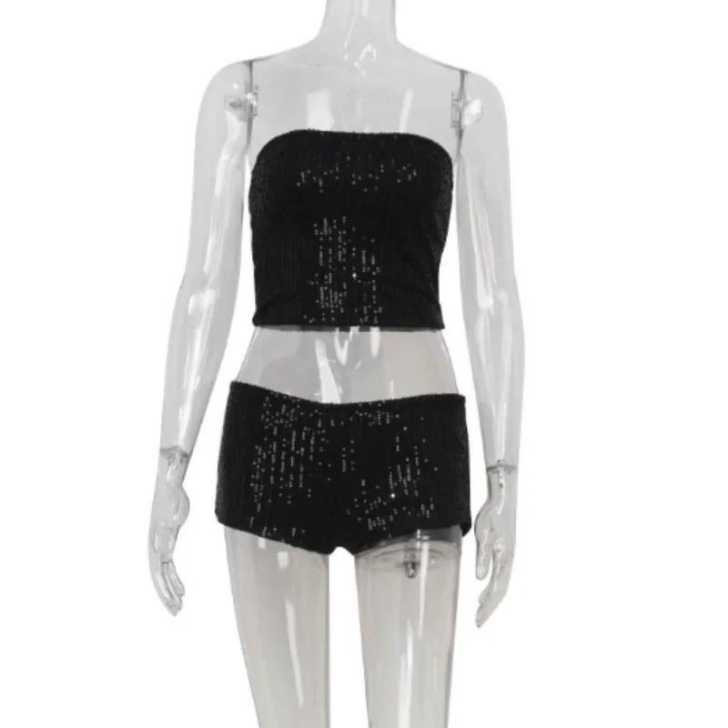 Ahagaga-Ensemble de survêtement 2 pièces pour femmes, sexy, club, paillettes, mode, solide, slim, en