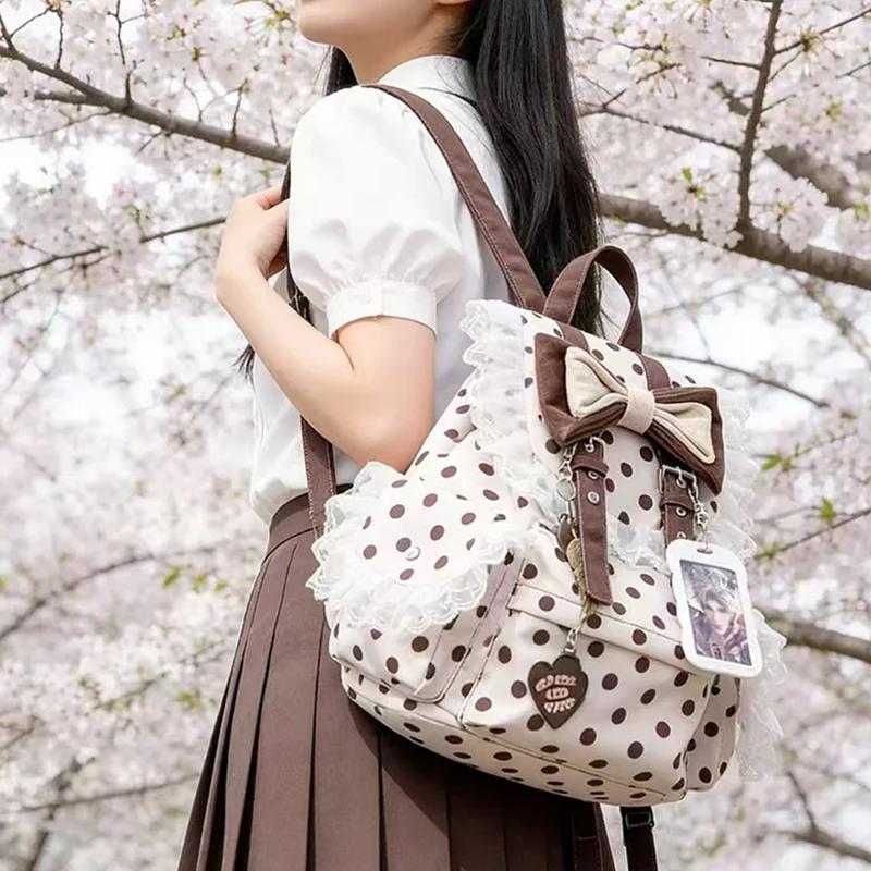 Sac à dos Preppy à pois avec nœud décoratif en dentelle, plusieurs poches, grande capacité, sac simp