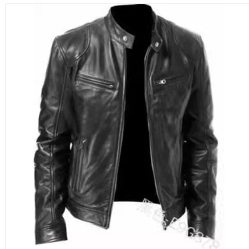 Veste en cuir PU coupe couvertes pour hommes, col montant, vestes à glissière alertes onale, revers 