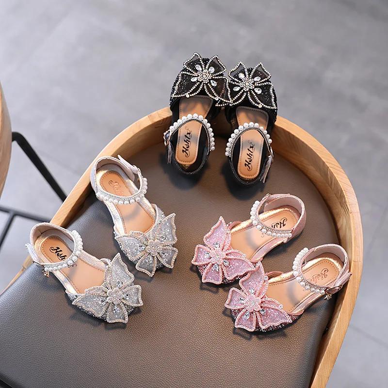 Sandales d'été pour filles, chaussures de princesse à paillettes et nœud en strass, chaussures à tal