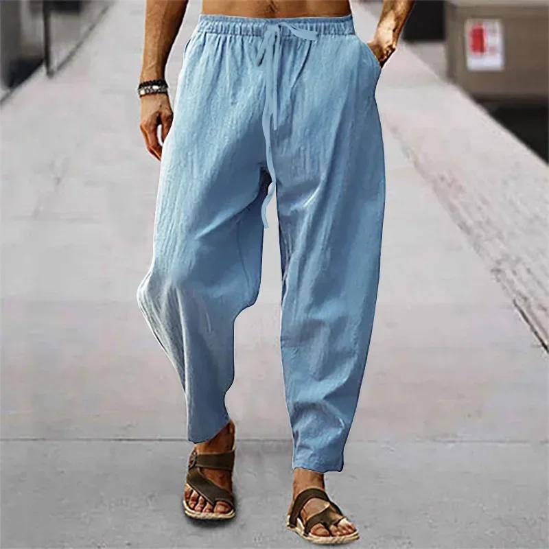 2025 hommes coton lin pantalon été et automne solide taille haute pantalon à jambes larges mâle lâch