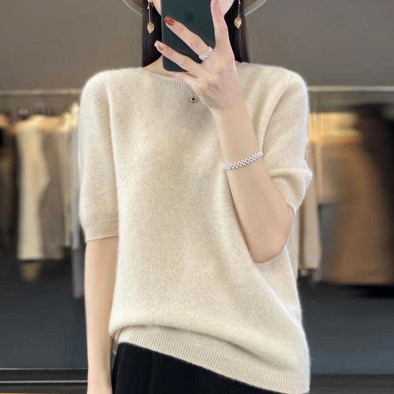 T-shirt tricoté à col rond pour femme, 100% laine mérinos, pull coréen à manches courtes, basique, c