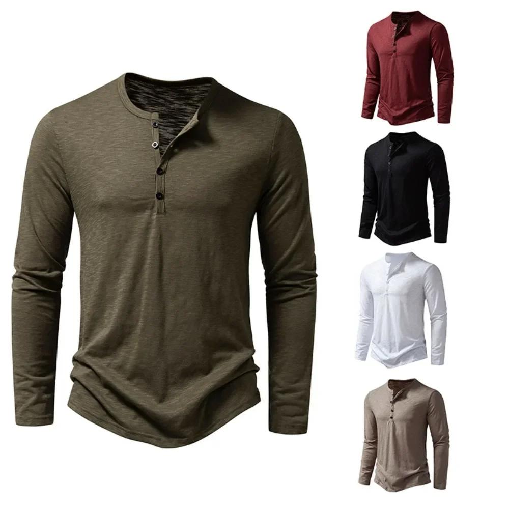 T-Shirt à Manches sulfet Col Henley en Coton pour Homme, Décontracté, Solide, Respirant, Polyvalent,