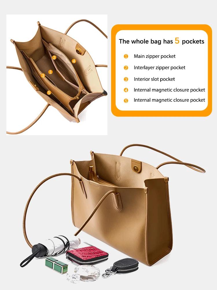Nouveau Sac à Main Femme Kaki en Cuir Véritable, Sac à Bandoulière Grande Capacité, Sac Cabas pour D