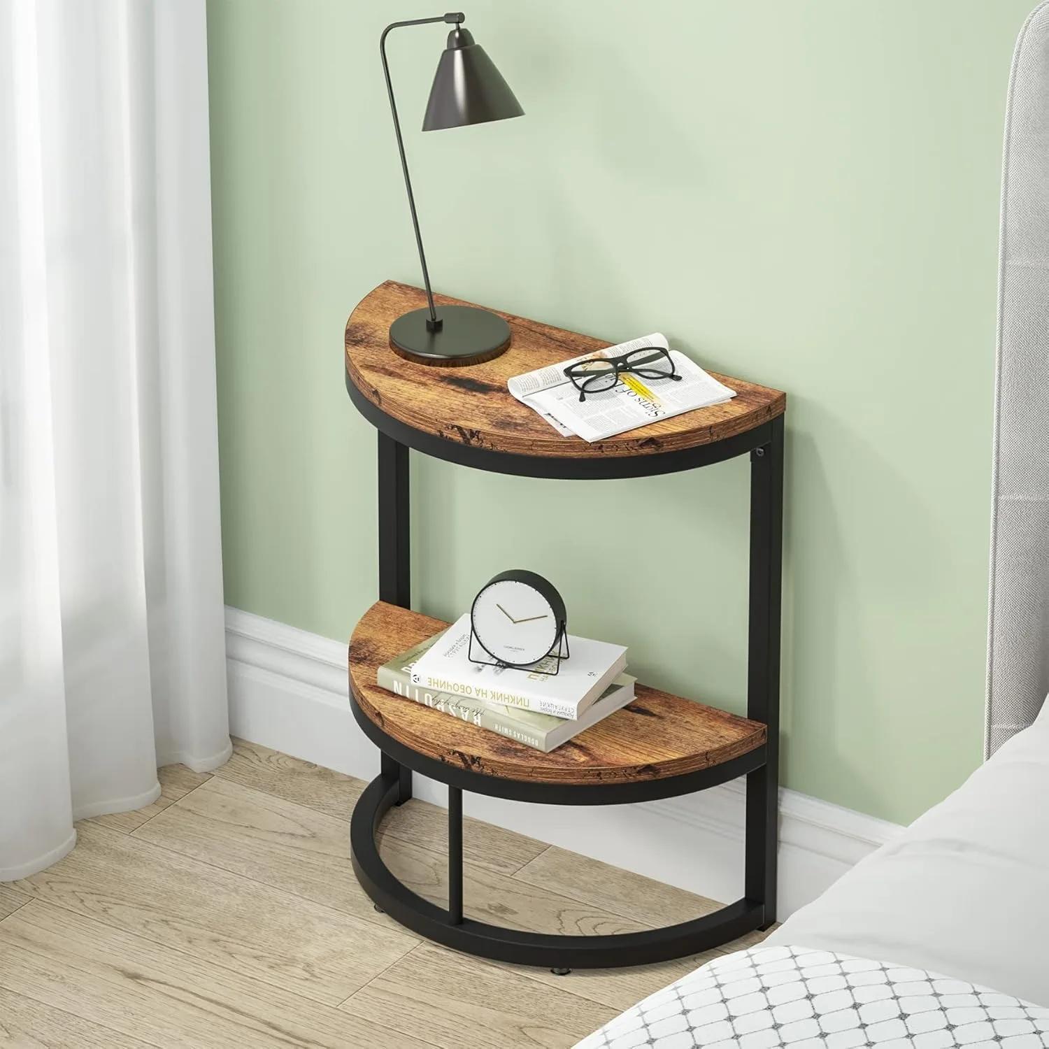 Table d'appoint semi-cercle à 2 niveaux, table d'appoint demi-ronde avec étagère de rangement, table