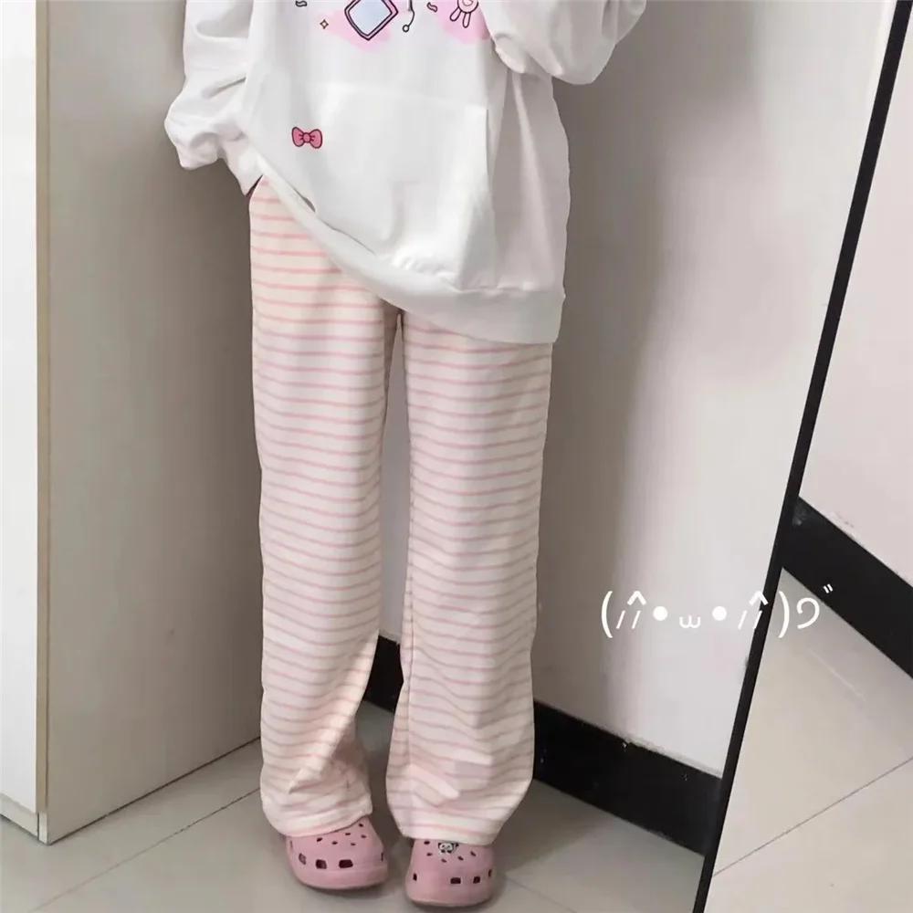Pantalon rayé Y2K pour femmes, mignon, Kawaii, doux, Harajuku, polaire, sport, mode coréenne, survêt