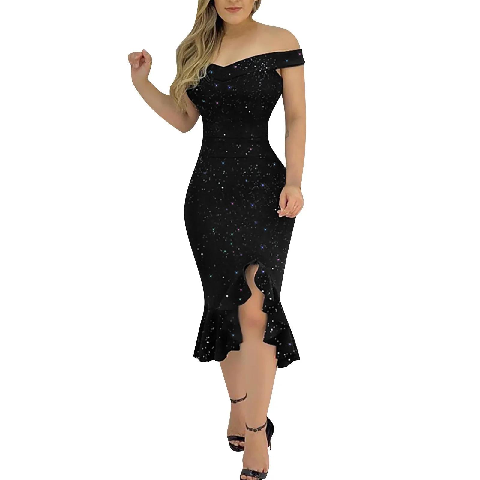 Robe de soirée sexy à volants fendus pour femmes, longueur au genou, paillettes, robes élégantes, mo