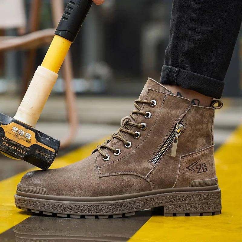 Chaussures de soudage Anti-brûlure en peau de porc pour hommes, baskets avec embout en acier indestr