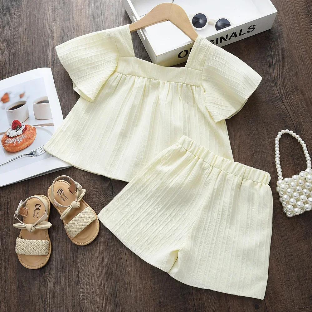 Costume pour enfants, Style vacances, couleur unie, broderie de fleurs, col carré, haut à manches co