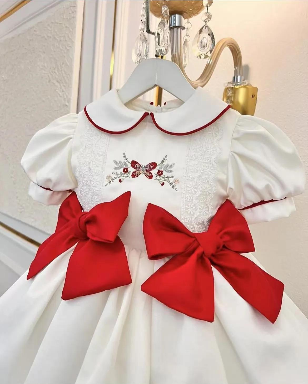 0-12Y bébé fille été fleur rouge broderie Vintage princesse robe de bal robe blanche pour fête Eid a