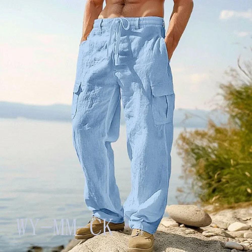 NOUVEAU Pantalon en coton et lin pour hommes européens et américains, pantalon de travail multi-poch