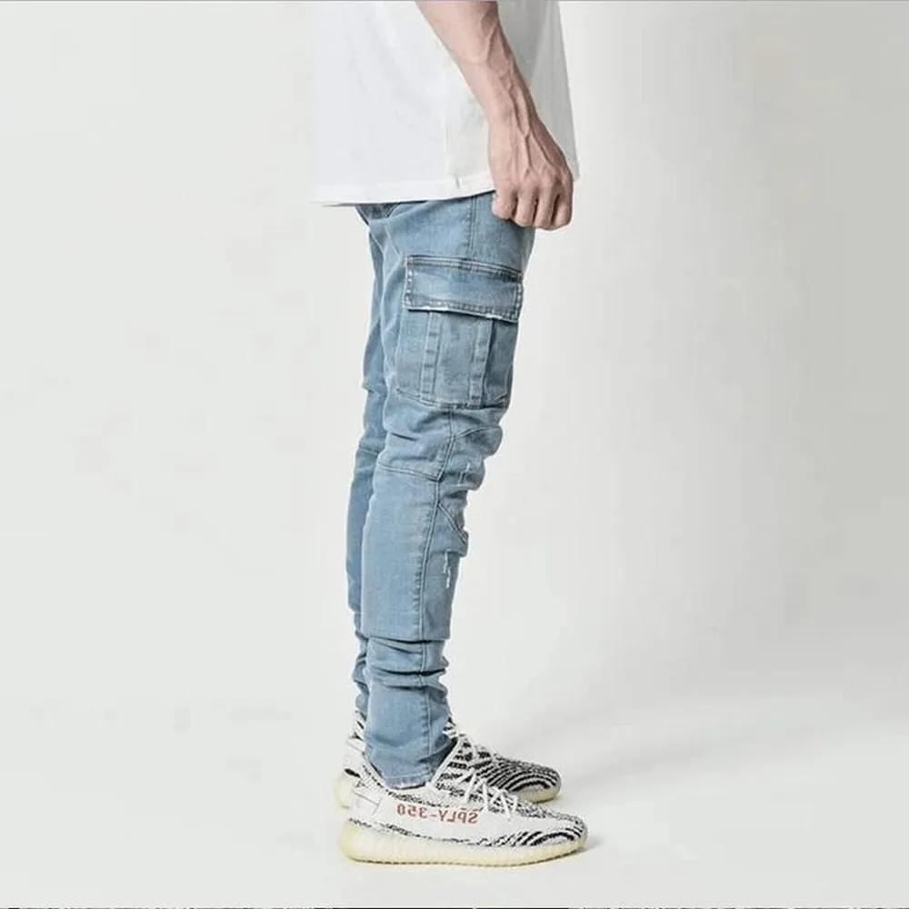 Jean élastique de rue pour hommes, pantalon Cargo en Denim, couleur unie, multi-poches, décontracté,