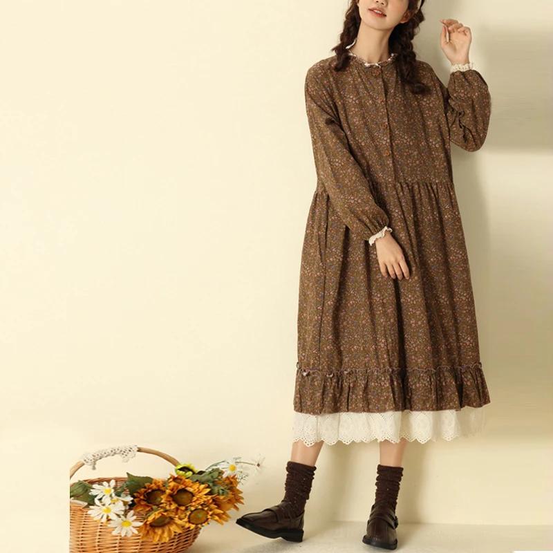 JohmobJapanese-Robe vintage en coton et lin pour femme, imprimé patchwork, en dentelle, avec poches,