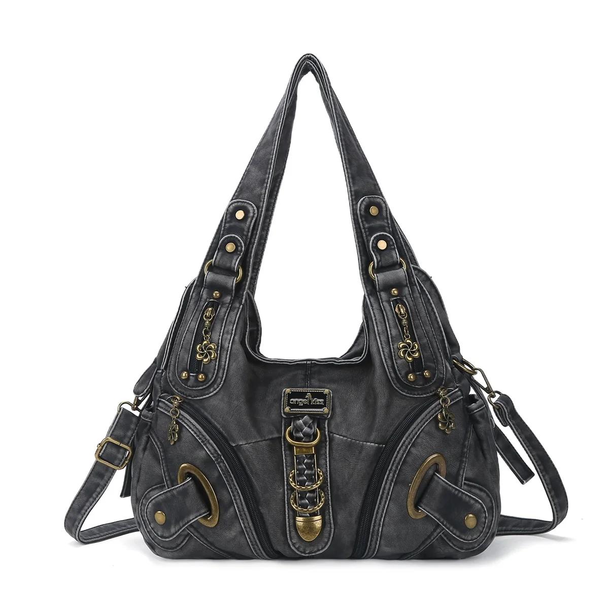 Sac à main vintage noir grande taille Angel Kiss pour femme, sac à bandoulière tendance, sacoche à p