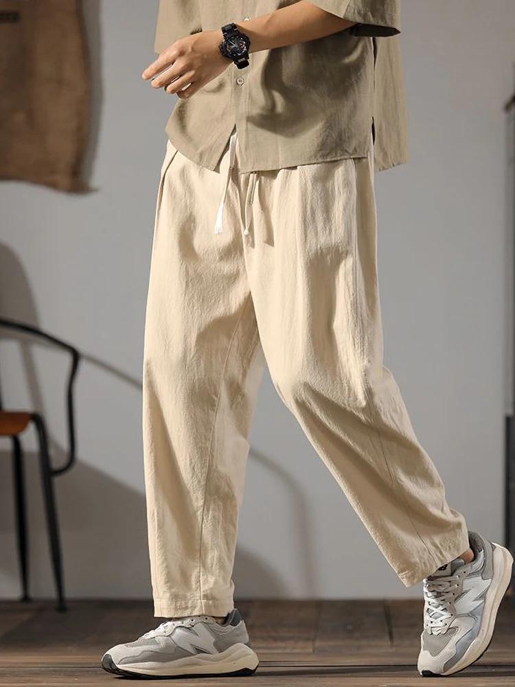 ENESE − Pantalon en coton et lin pour hommes, survêtement, coupe droite, décontracté, à jambes large