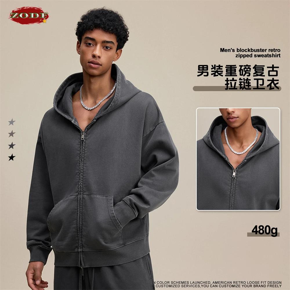 ZODF 2025 automne hommes poids lourd 480gsm sweats à capuche unisexe rétro lavé Terry coton en détre