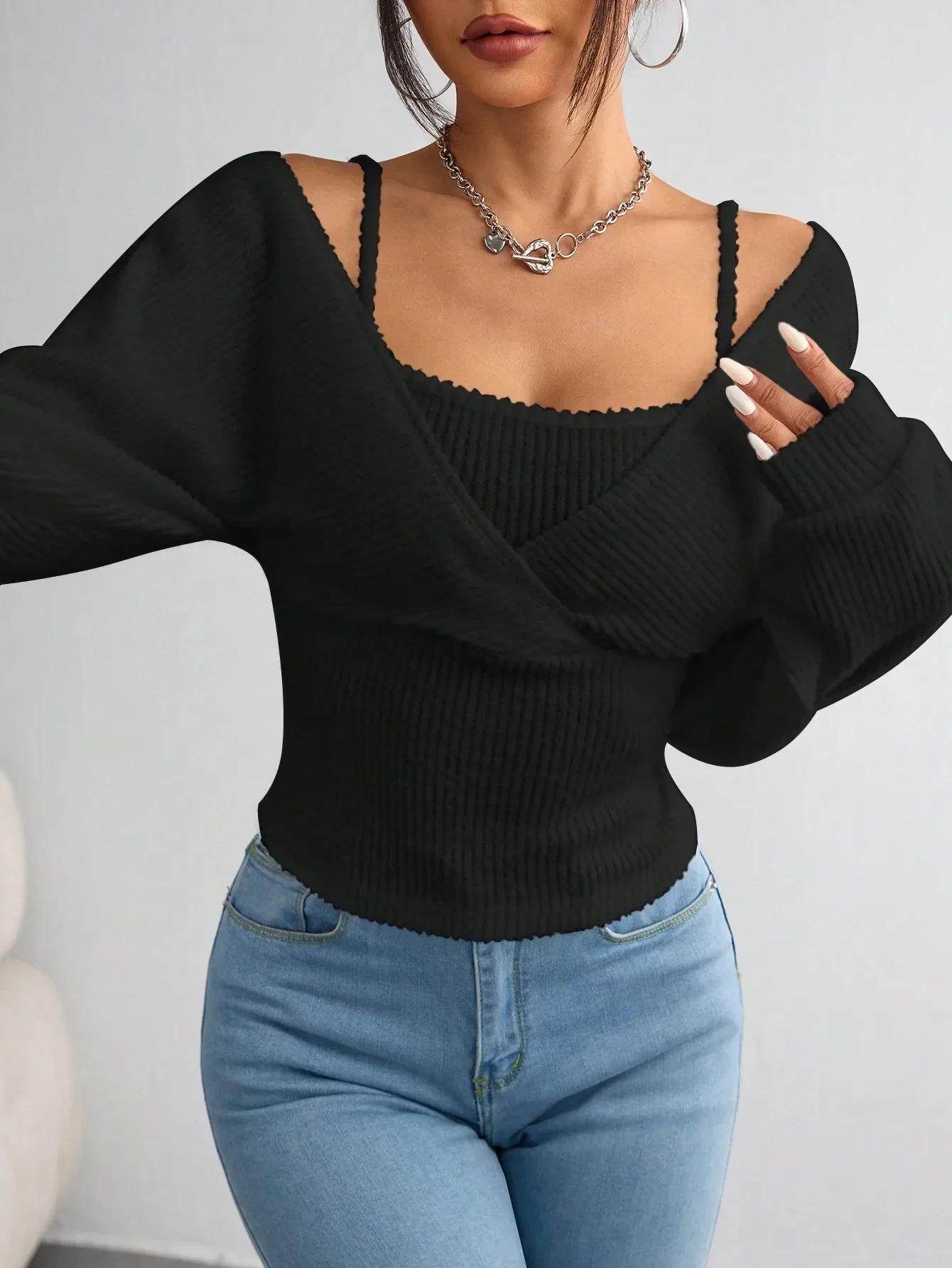 T-shirt à capuche à manches longues pour femmes, décontracté, couleur unie, tricoté, coupe régulière